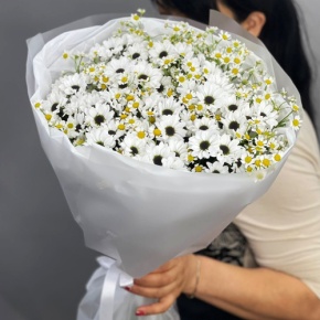 Букет "Понарошку" из хризантем сантини и ромашек в Павловском Посаде