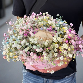 Композиция в коробке сердца из радужных гипсофил с топпером в Павловском Посаде