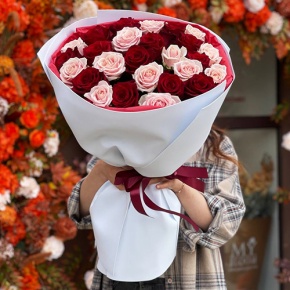 Букет "Сокровенное желание" из 25 пудровых и красных роз Эквадор (60 см) в Павловском Посаде